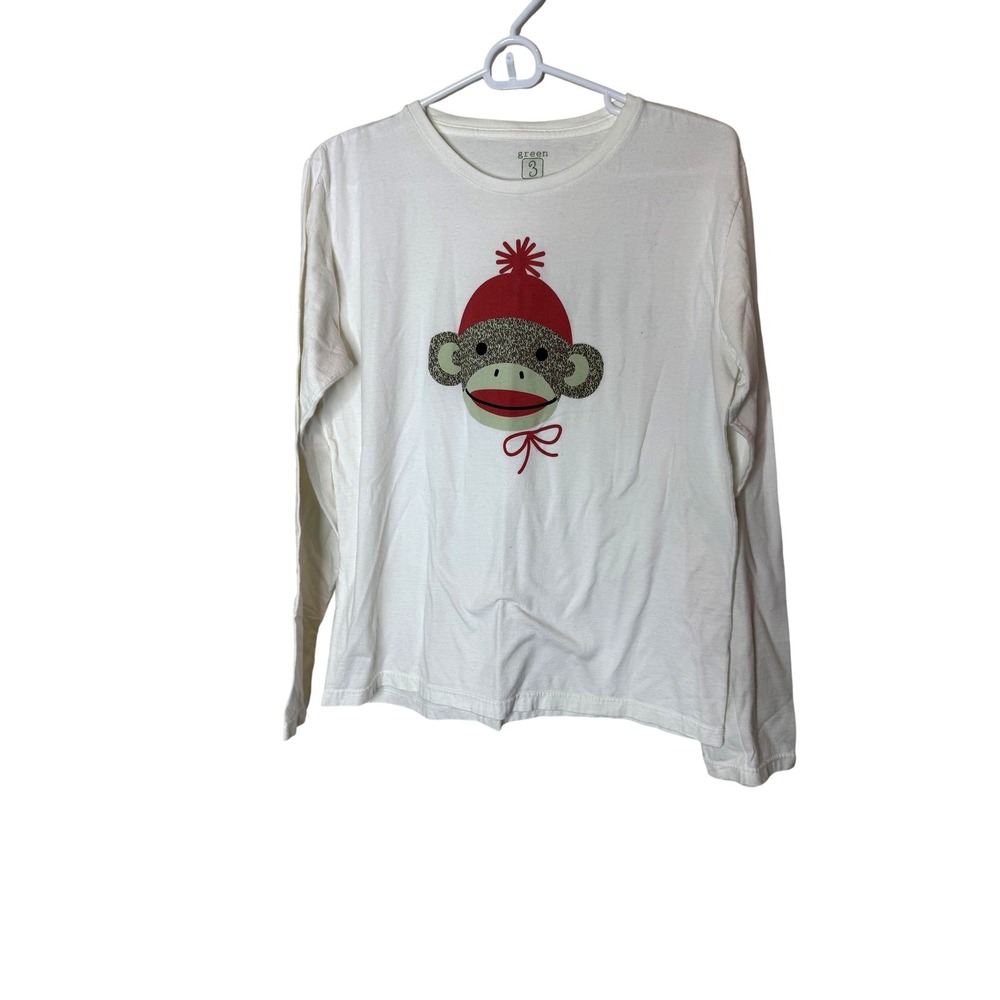 Green 3 Shirt Womens Large White Sock Monkey Graphic Long Sleeve Top Holiday‎